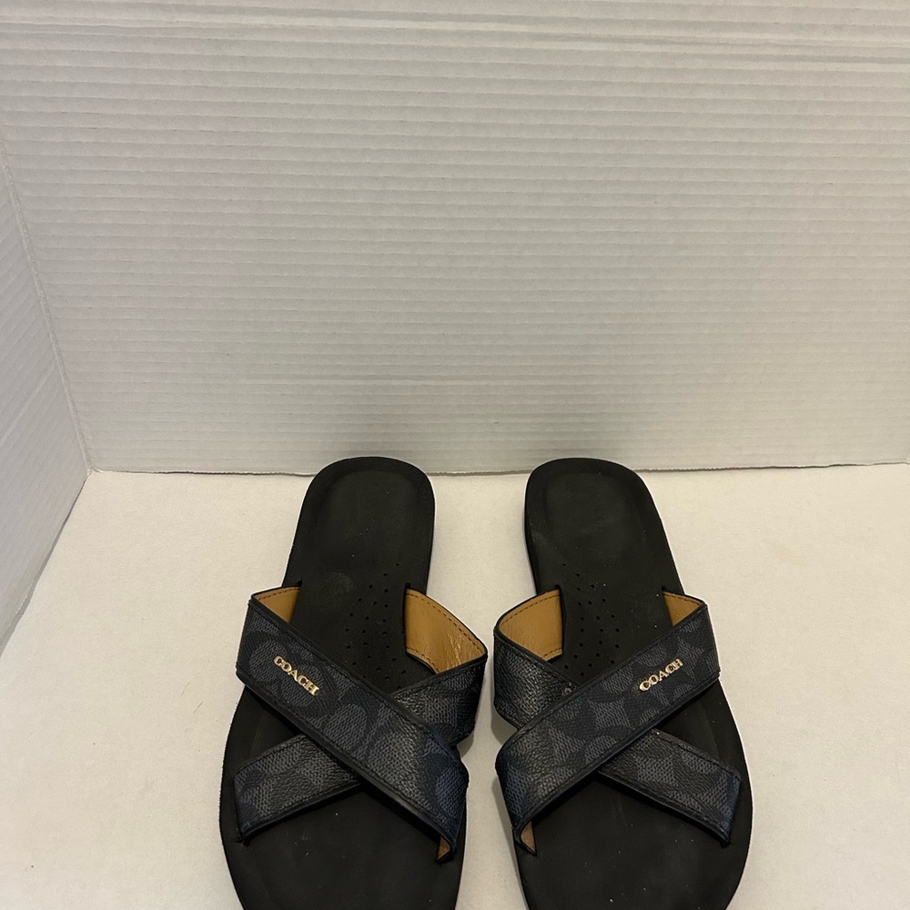 Coach Women's Black & Brown Signature Cross-Strap Slide Sandals - Picture 9 of 9